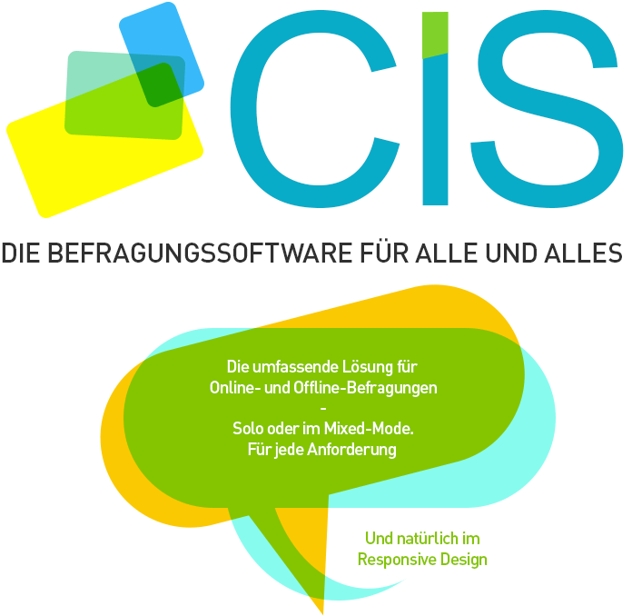 Zu sehen ist eine Zusammenstellung der wichtigsten Argumente für die Befragungssoftware CIS in Form von 5 kleinen Button in Form von Sprechblasen.