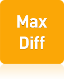 Zu sehen ist ein kleines orangefarbenes Quadrat mit runden Ecken auf dem in weißer Schrift Max Diff zu lesen ist. Dieses Quadrat ist ein Button, der zu einem Beispielfragebogen führt.