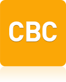 Zu sehen ist ein kleines orangefarbenes Quadrat mit runden Ecken auf dem in weißer Schrift die 3 Buchstaben CBC zu lesen sind. Dieses Quadrat ist ein Button, der zu einem Conjoint Beispielfragebogen führt.
