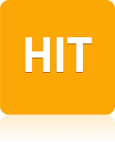 Zu sehen ist ein kleines orangefarbenes Quadrat mit runden Ecken auf dem in weißer Schrift die 3 Buchstaben HIT zu lesen sind. Dieses Quadrat ist ein Button, der zu einem HIT-Conjoint Beispielfragebogen führt.