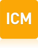 Zu sehen ist ein kleines orangefarbenes Quadrat mit runden Ecken auf dem in weißer Schrift die 3 Buchstaben ICM zu lesen sind. Dieses Quadrat ist ein Button, der zu einem Conjoint Beispielfragebogen führt.