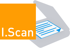 Zu sehen ist ein orangefarbenes Quadrat, in dem I.Scan, die Software zum Scannen steht. Daneben ein stilisierter Scanner.