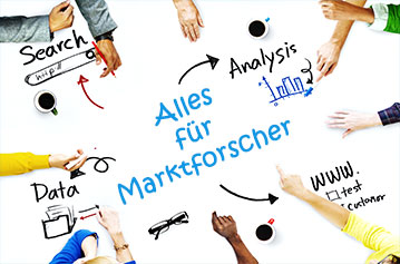 Zu sehen ist ein imaginärer Tisch, auf dem 11 Hände irgendetwas für die Marktforschung tun, Data Sciences, Analyse, Search etc.